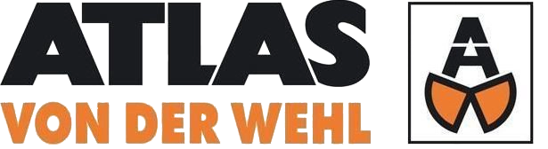 Logo von ATLAS VON DER WEHL mit dem Schriftzug „ATLAS“ in Schwarz und „VON DER WEHL“ in Orange. Rechts daneben ein stilisiertes A mit waagerechtem Balken und einem orangefarbenen Schildsymbol darunter. | Logo of ATLAS VON DER WEHL with the word “ATLAS” in black and “VON DER WEHL” in orange. To the right, a stylized letter A with a horizontal bar and an orange shield-like symbol below.