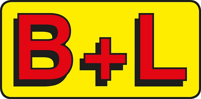 Logo von B+L mit einem großen roten „B“, einem Pluszeichen in der Mitte und einem großen roten „L“ auf gelbem Hintergrund mit schwarzem Rand und Schlagschatten. | Logo of B+L with a large red “B”, a plus sign in the center, and a large red “L” on a yellow background with black border and drop shadow.