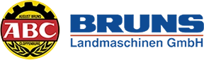 Logo von BRUNS Landmaschinen GmbH mit einem runden gelb-schwarzen Zahnrad links, darin das rote ABC-Zeichen mit Lorbeerkranz und dem Text „AUGUST BRUNS CLOPPENBURG“. Rechts daneben der blaue Schriftzug „BRUNS“ in Großbuchstaben mit roter Linie darunter und darunter in kleinerer Schrift „Landmaschinen GmbH“. | Logo of BRUNS Landmaschinen GmbH featuring a round yellow-black gear on the left with a red ABC emblem, laurel wreath, and the text “AUGUST BRUNS CLOPPENBURG.” To the right, the blue uppercase word “BRUNS” with a red line underneath and the smaller text “Landmaschinen GmbH” below.