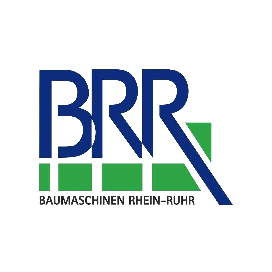 Logo von BRR BAUMASCHINEN RHEIN-RUHR mit den blauen Großbuchstaben „BRR“ in modernem, kantigem Design. Darunter fünf grüne Balken unterschiedlicher Form und Größe sowie der Schriftzug „BAUMASCHINEN RHEIN-RUHR“ in Grau. | Logo of BRR BAUMASCHINEN RHEIN-RUHR featuring the blue uppercase letters “BRR” in a modern, angular design. Below are five green bars of varying shapes and sizes, along with the grey text “BAUMASCHINEN RHEIN-RUHR.”