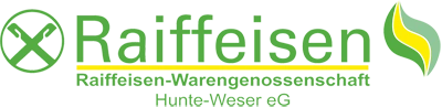 Logo von Raiffeisen mit dem Schriftzug „Raiffeisen“ in grüner Schrift, links davon das Raiffeisen-Symbol mit gekreuzten Pferdeköpfen im Kreis, rechts eine grün-gelbe Blattform. Darunter der Text „Raiffeisen-Warengenossenschaft Hunte-Weser eG“ in kleinerer grüner Schrift. | Logo of Raiffeisen featuring the word “Raiffeisen” in green text, the Raiffeisen emblem with crossed horse heads in a circle on the left, and a green-yellow leaf shape on the right. Below is the text “Raiffeisen-Warengenossenschaft Hunte-Weser eG” in smaller green letters.